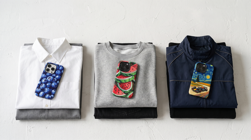 Blueberry, Watermelon and Starry Speed Redbull Racing edition iPhone tough cases on three folded outfit stacks, a three-case wardrobe