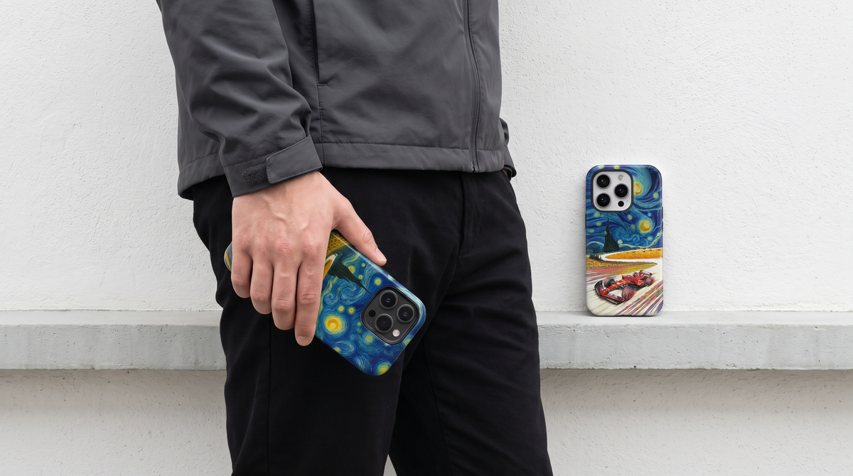 Starry Speed ML Edition iPhone tough case held against neutral clothing with Crimson Speed on a ledge beside