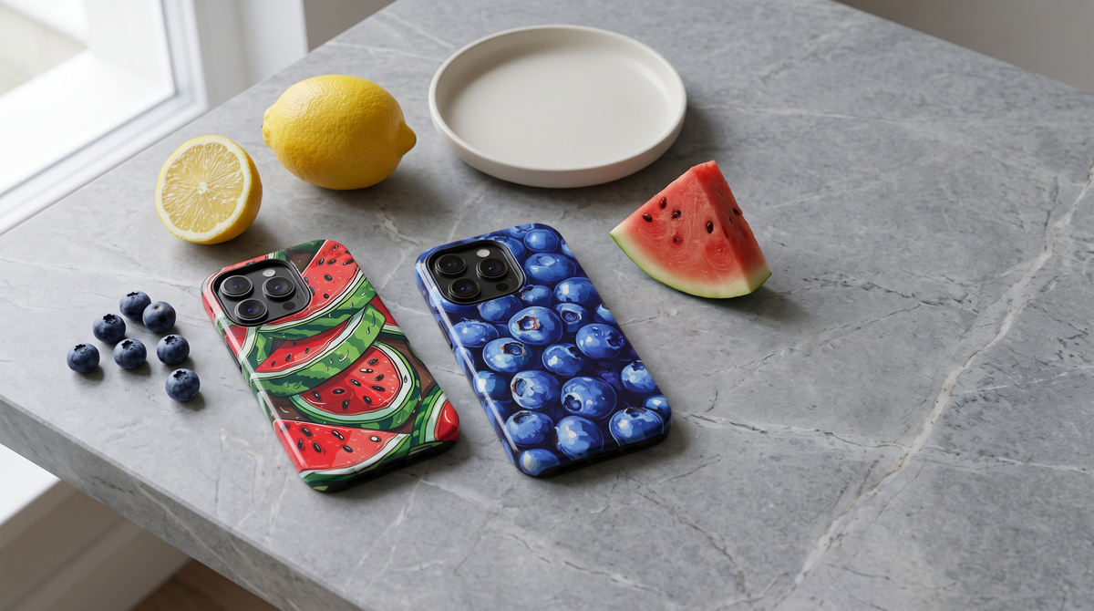 Watermelon and Lemon Art iPhone tough cases arranged as a still life on grey stone with fresh fruit