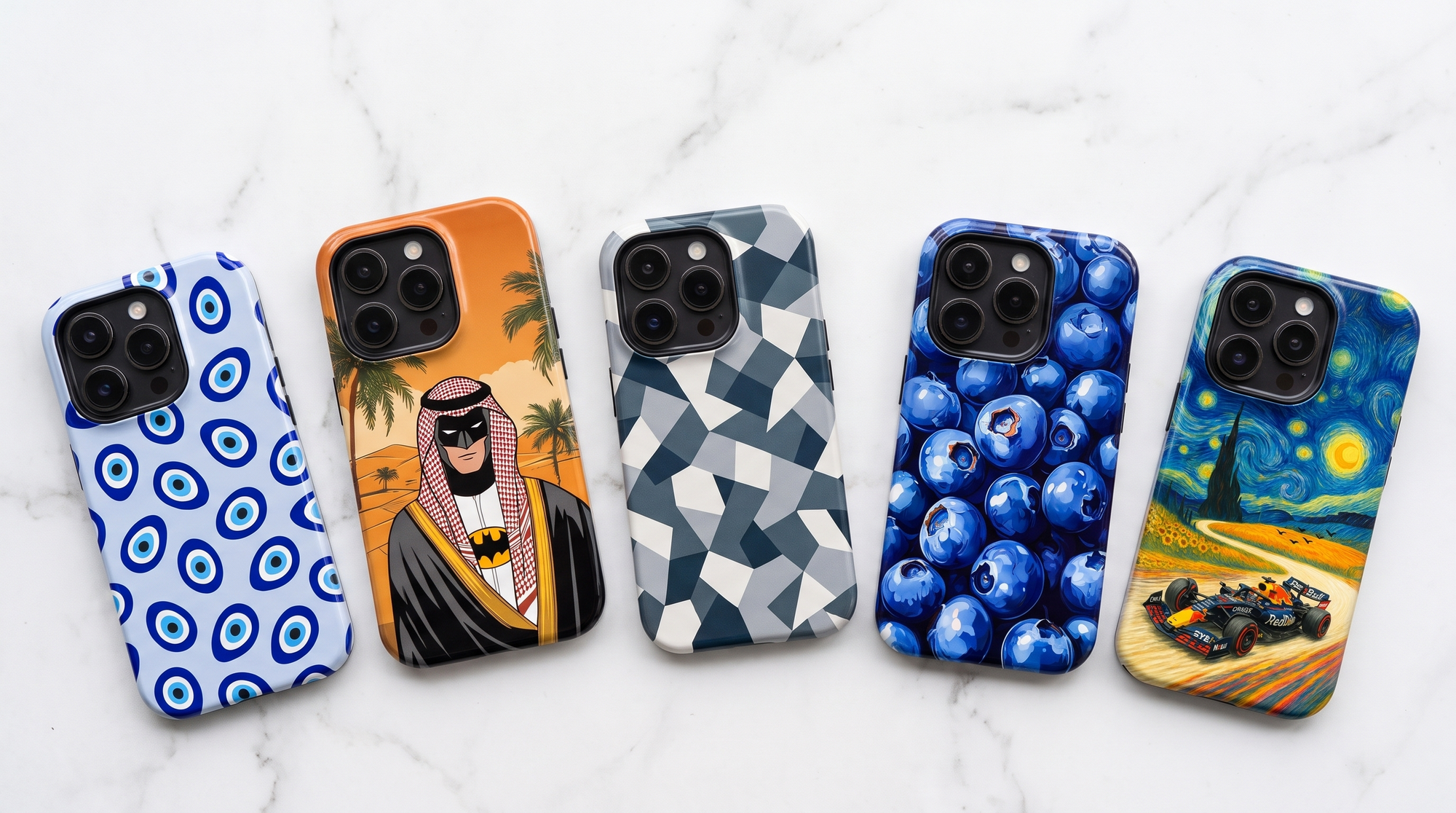 Five Casey aesthetic iPhone tough cases laid out on white marble tile, one for each personal style archetype