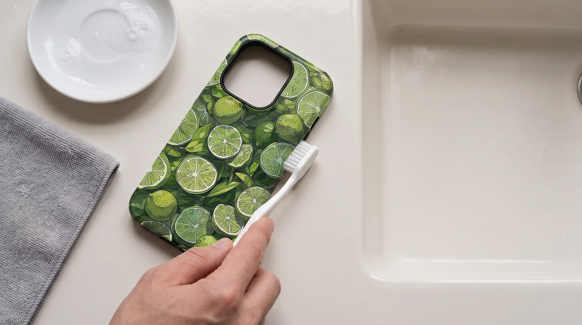 Soft toothbrush cleaning the button cutouts on a Lime Art iPhone tough case beside a dish of soapy water