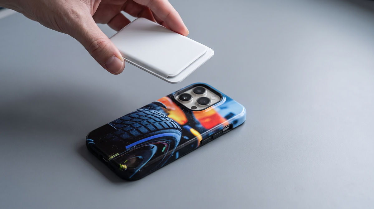 Magnetic card wallet held just above a WET MODE iPhone tough case, about to attach to the built-in magnet array