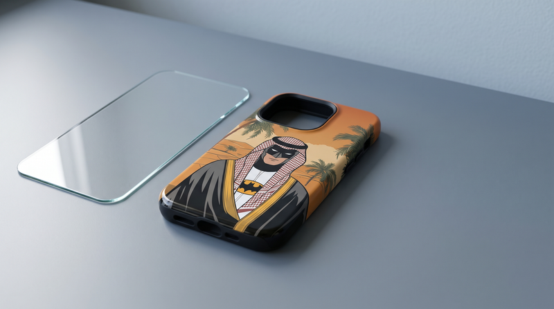 Desert Guardian iPhone tough case beside a thin sheet of tempered glass on a grey desk