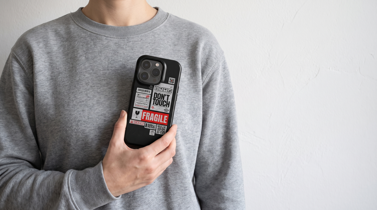 Fragile Ego typography phone case held against a plain grey sweatshirt, the only patterned thing in the frame